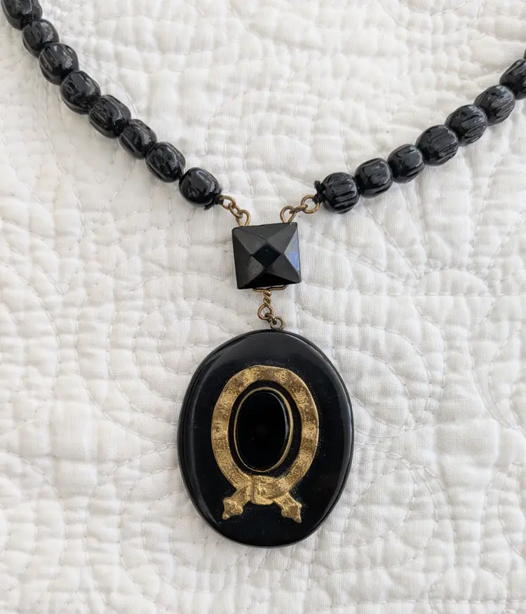 Antique Victorian Black Mourning Necklace with Black Beads and Pendant