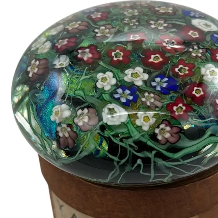 Unbelievably Amazing Black Sheep Glass Magnum Paperweight - Floral Pansy Canes, Vines, Gold Green & Blue Floating Dichroic - 4.25” Diameter