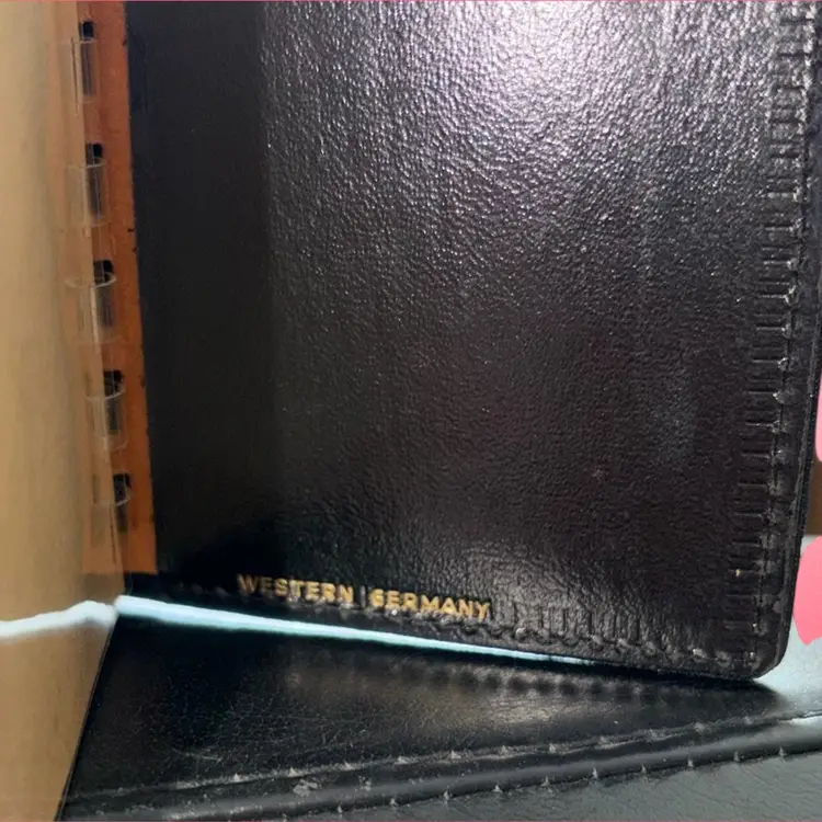 Vintage Small Embroidered Petit Point Folding Photo Wallet 3X4 Black Pebbled Leather Germany