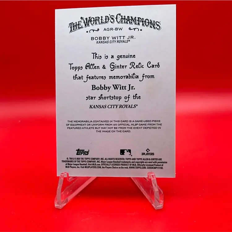 Bobby Witt Jr 2025 Topps Allen & Ginter Full Size Relic Kansas City Royals