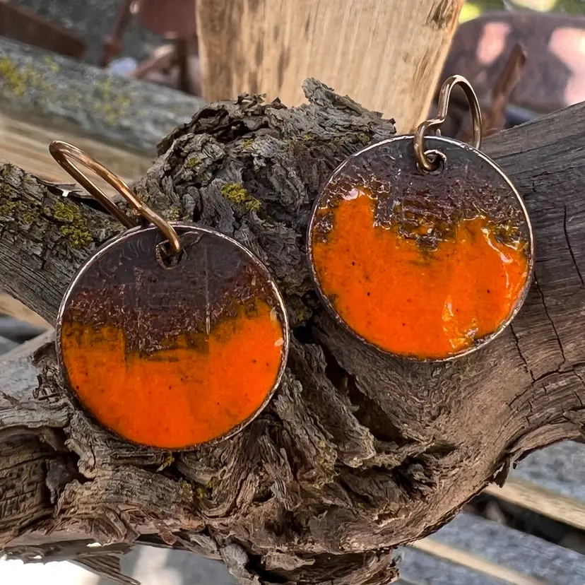 Handmade Orange Enameled Penny Organic Copper Earrings
