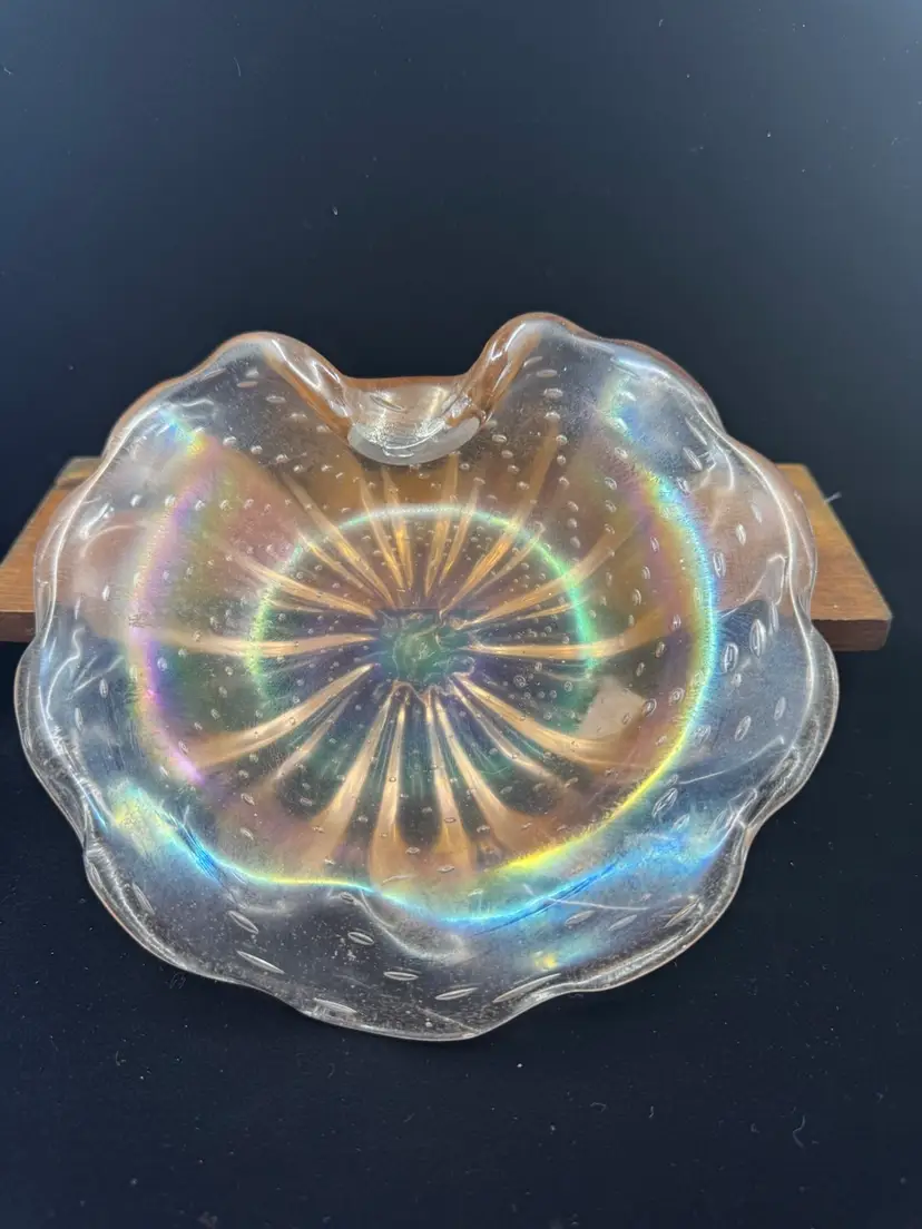 Vintage Iridescent carnival glass candy dish with scalloped edge and bubbles, 7”