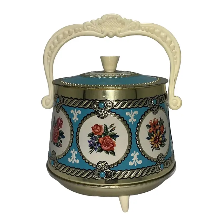 Vintage Floral Embossed Kitchen Tin Canister with Lid Made Hong Kong 6” Handle 