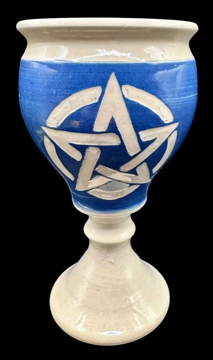 Signed Art Pottery Goblet Chalice Cup Pentacle Star Wicca Witch Blue White 6.75”