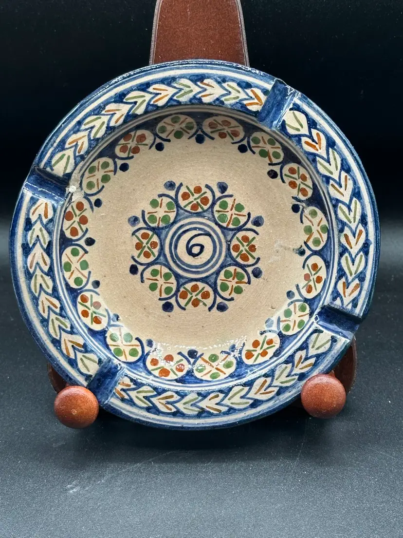Vintage Moroccan Blue Green & Brown Ceramic Ashtray 5" Arabic Folk Art African Tobacciana