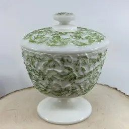 Westmoreland Milk Glass Covered Pedestal Candy Dish 6.5”