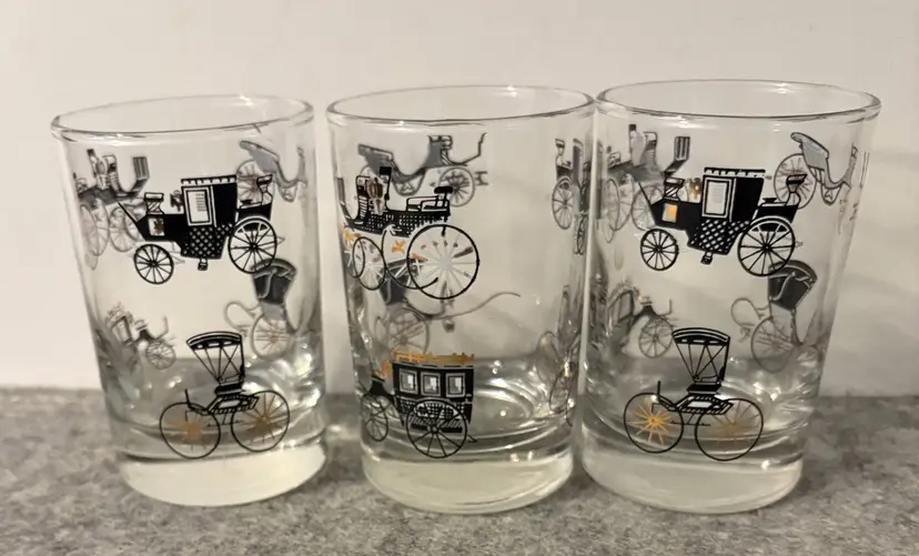 3 Vintage Libbey Juice Glasses with Antique Vehicles Painted in Black with Gold Accents  #2870