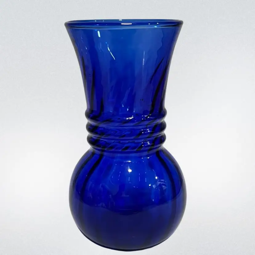 Cobalt Blue Vase- Ribbed Center, Swirl Top 6.5” High