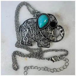 Tony Turquoise Elephant Trunk Up Pendant Necklace Brooch Jewelry 18+3" Chain