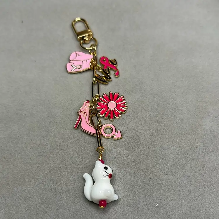 Pink Ribbon Purse/backpack Charm “white Cat”