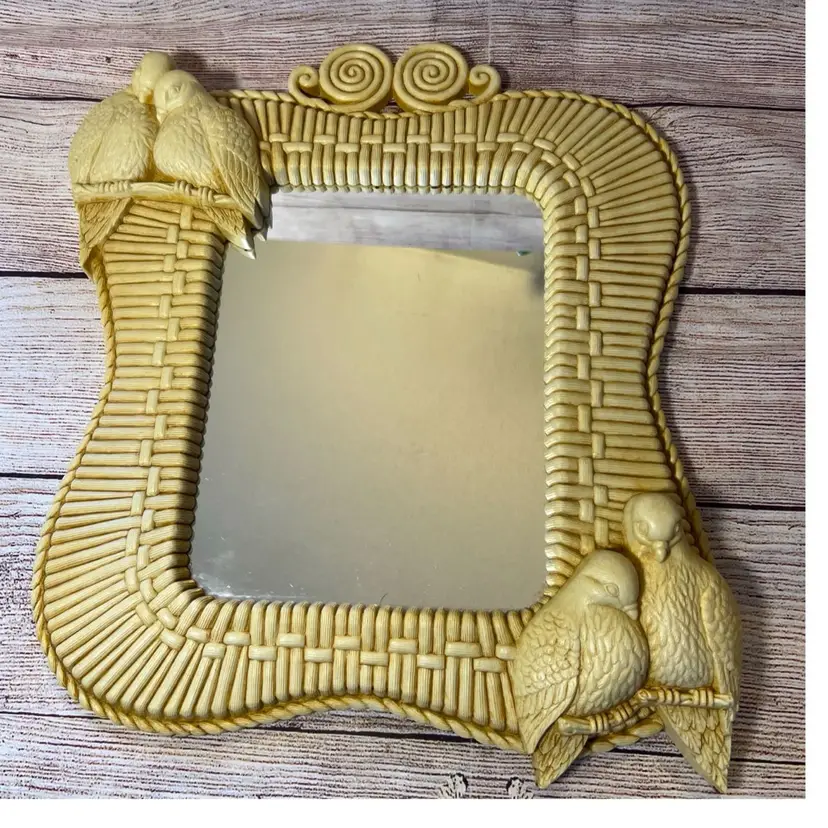 Vtg Lovebird Mirror Plastic 1980s Ivory Faux Bamboo 15x13β