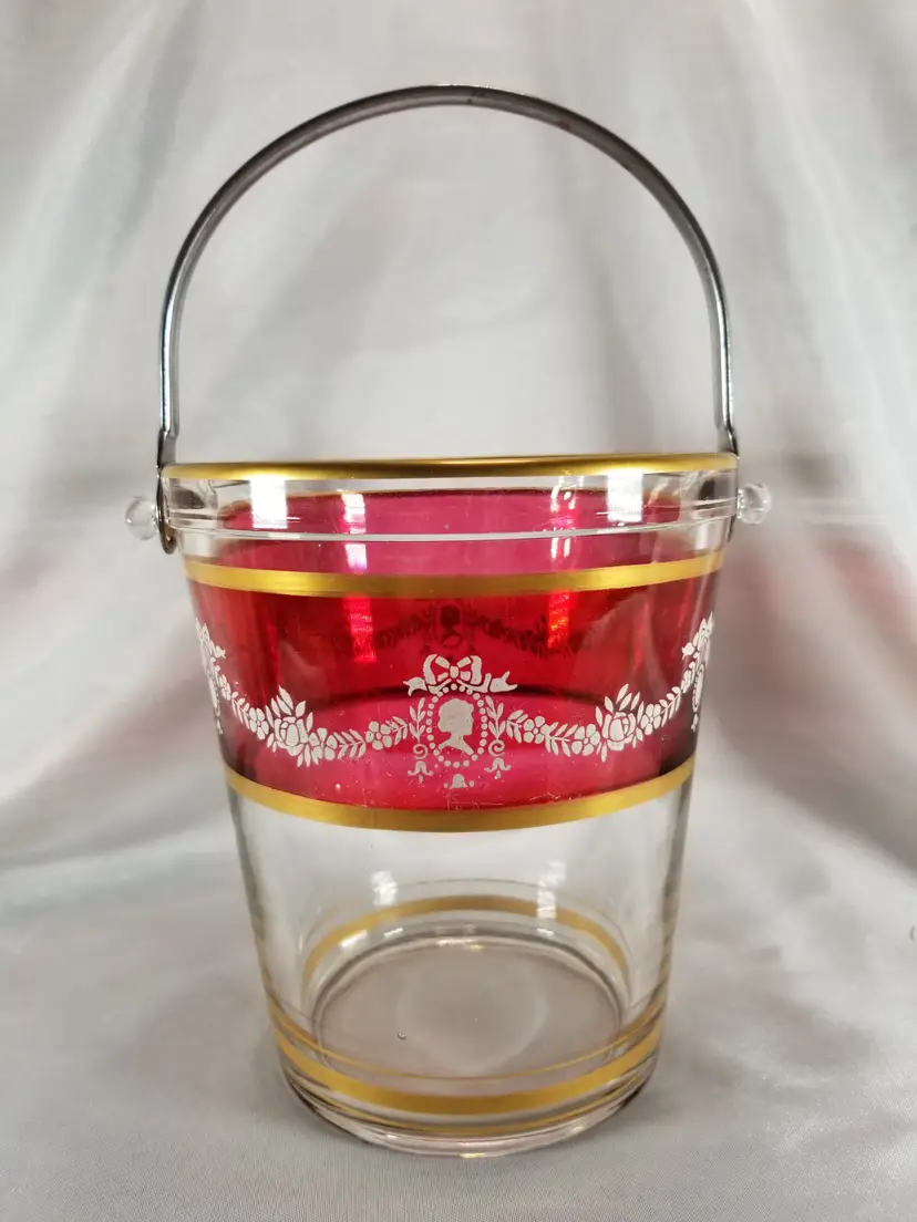 Vintage Cranberry Flash with Cameo Silhouette Glass Ice Bucket