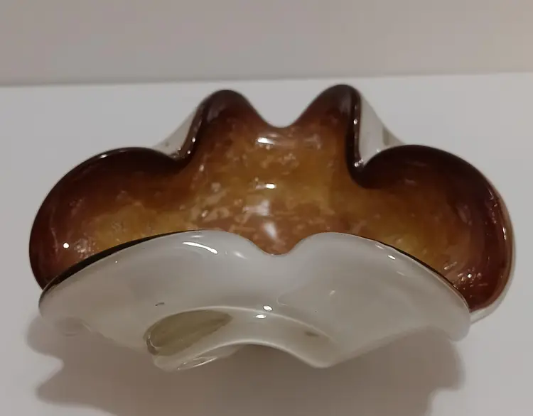 Vintage Art Glass Venetian White Cased Purple & Pink With Gold Aventurine Bowl/Trinket Dish