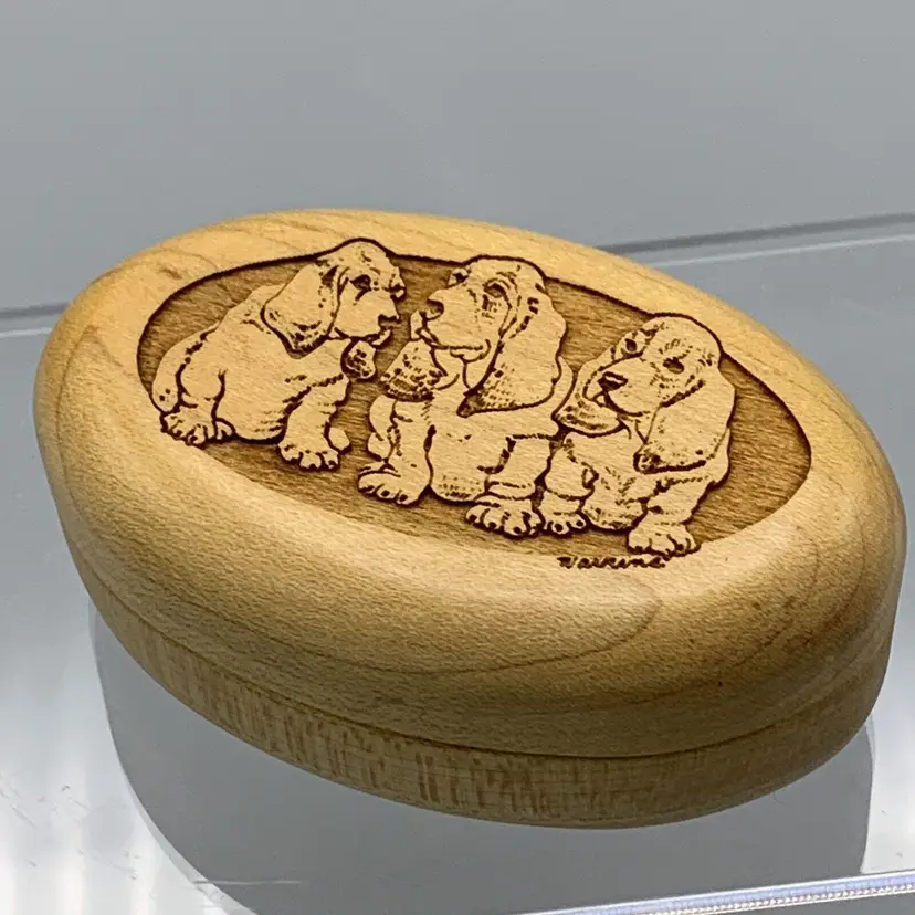 Laz-art Oval Shaped Wood Trinket Box Three Lazer Cut Dogs Red Flocked Lining USA