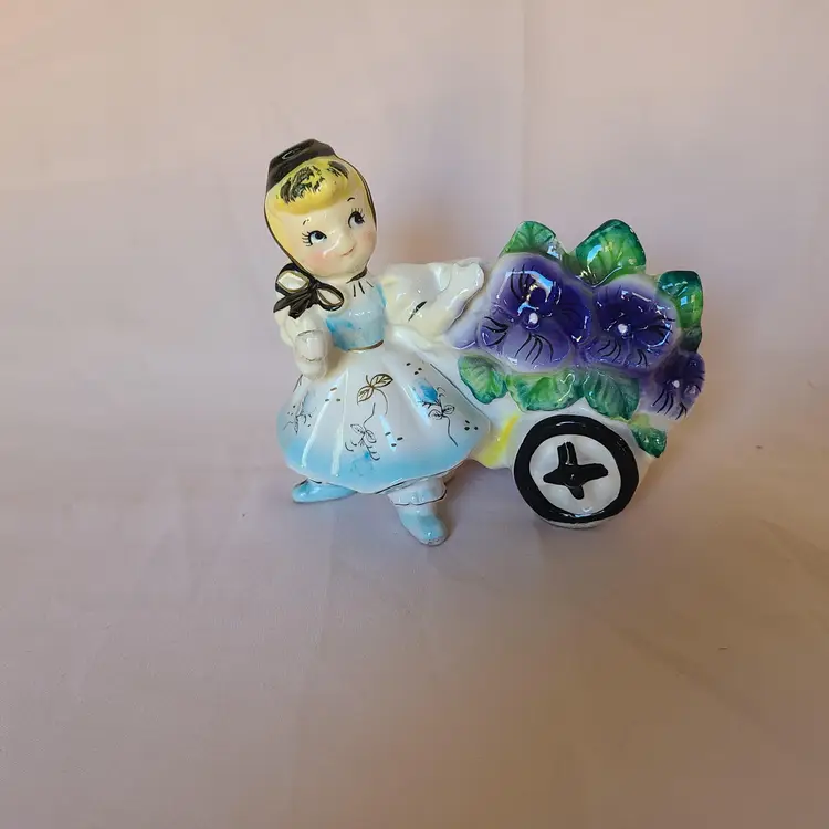 Vintage Ucagco 1950s  Purple Pansey Flower Blue Dress Blonde Girl Cart Planter