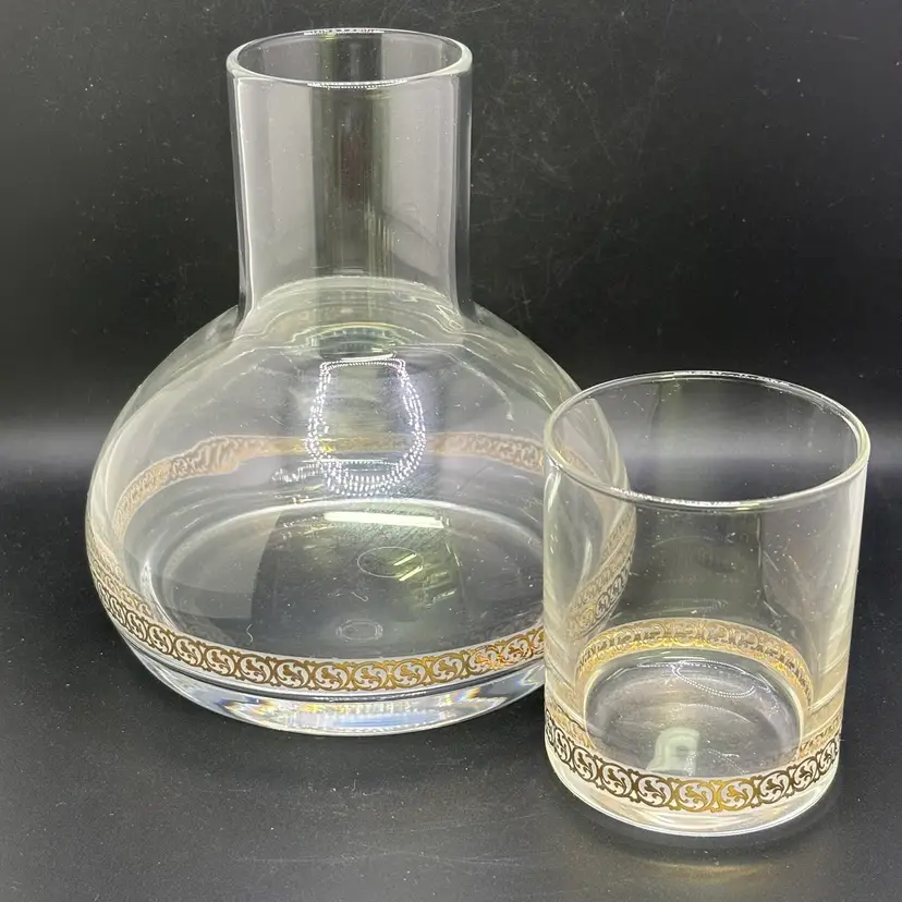 Gold Filigree Banded Clear Glass Tumble Up 2pc Set 7” Bombay Made In Poland