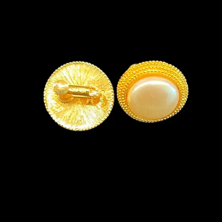 Vintage Napier White Faux Pearl Gold Tone Round Cabochon Screw back Clip-on Earrings
