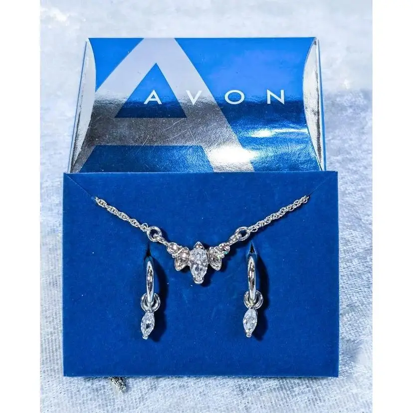 Avon Marquise CZ Necklace and Earring Set - Silver tone, 2005 - New In Box