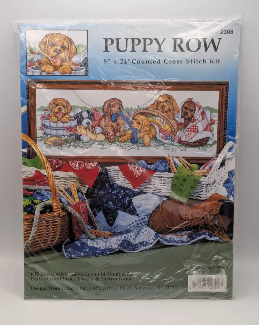 Vtg Design Works- New Counted Cross Stitch Kit "Puppy Row"