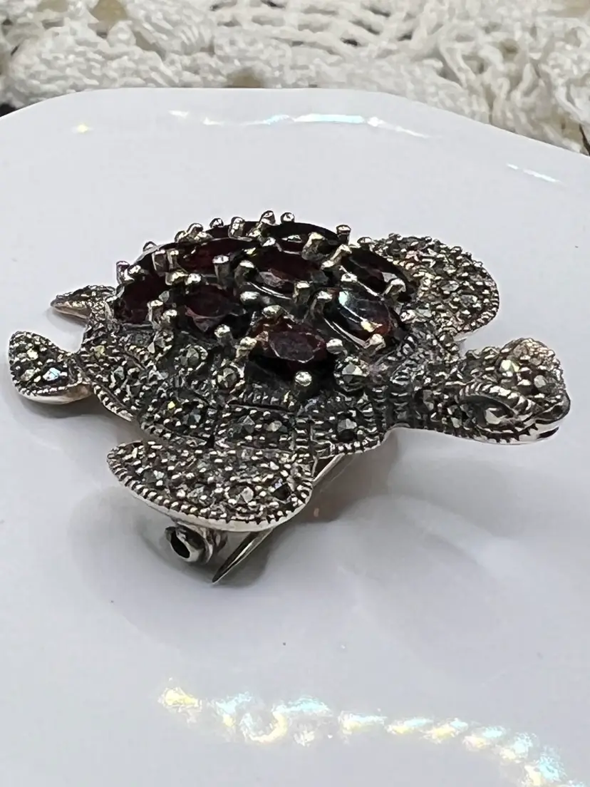 Sterling Silver 925 Marked Turtle Pin, Garnet And Marcasite Stones 12.5g