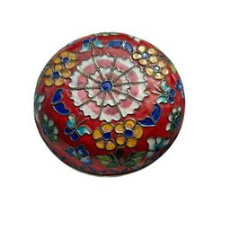 Vintage Red And Cobalt Blue Cloisonne Brass Enamel Trinket Powder Box, Floral Butterfly