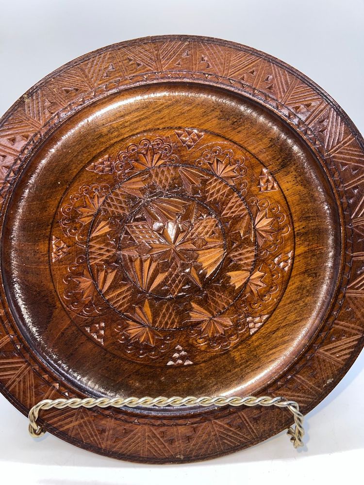 VTG Polish Hand Carved Wood Decorative Plate 9”