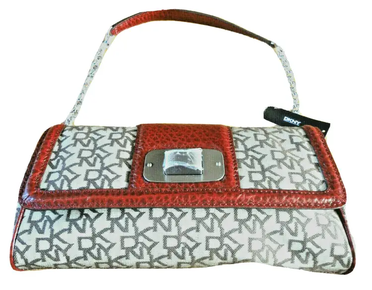 NEW DKNY Jacquard & Red Leather Nappa HANDBAG Clutch + Chain Shoulder Purse NWT!