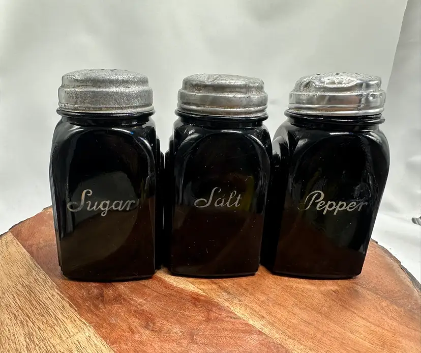 Vintage McKee Art Deco Black Glass Shaker Set Salt Pepper Sugar Set Estate