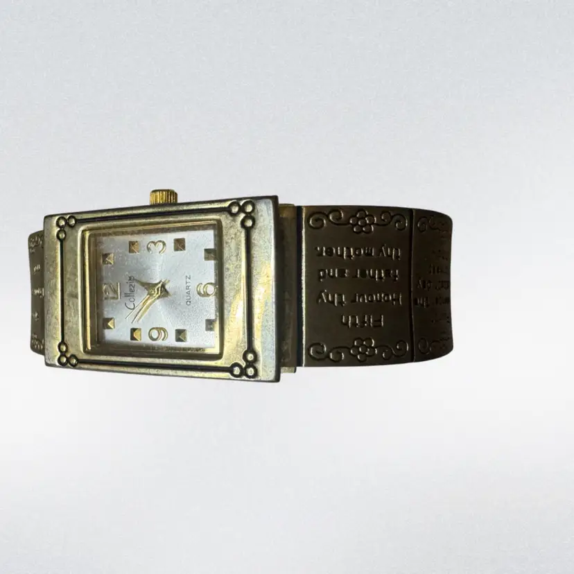 Vintage Collezio Ten Commandments Gold Tone Cuff Bracelet Watch