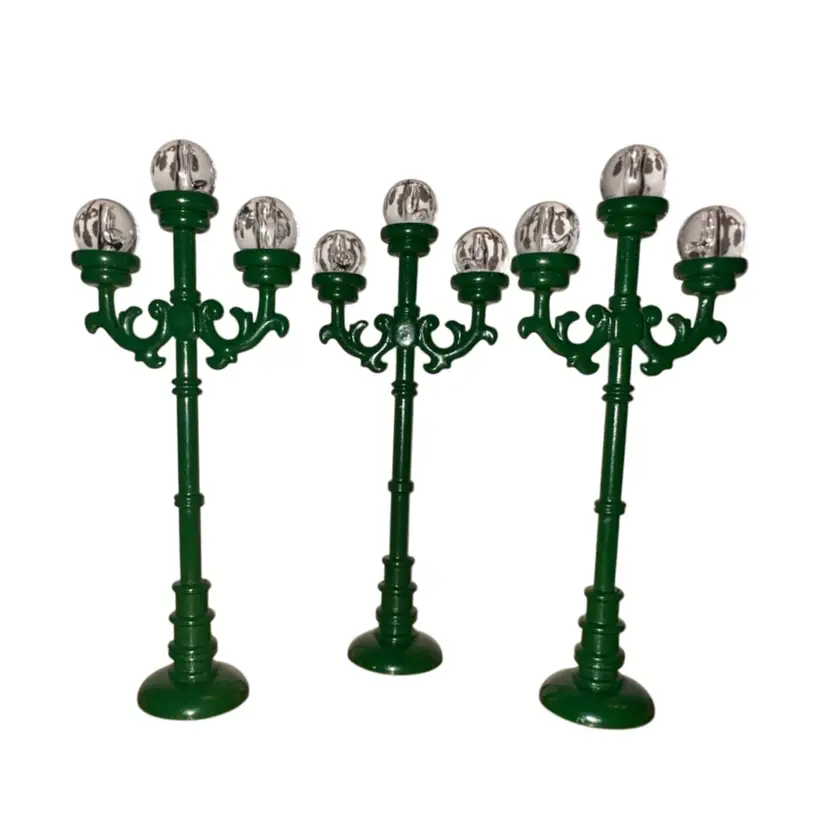 3 Green Metal Triple Street Light Posts For Christmas Village 3 3/4” Tall X 1.5” Wide