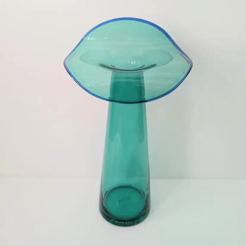 Blenko Glass 6418 Tall Ripple Vase Mint Green Cobalt Blue Rim Made Only in 2022