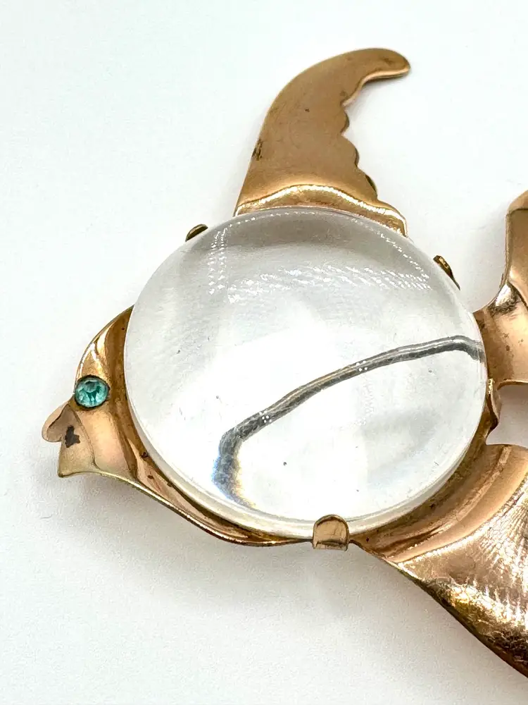 Vintage 1940’s Jelly Belly Angel Fish Brooch Pin Gold Tone Blue Rhinestone Eye