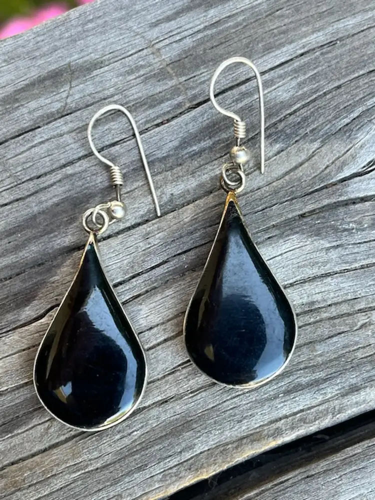 Vintage Turquoise & Obsidian 925 Sterling Silver Earrings ~ Reversable