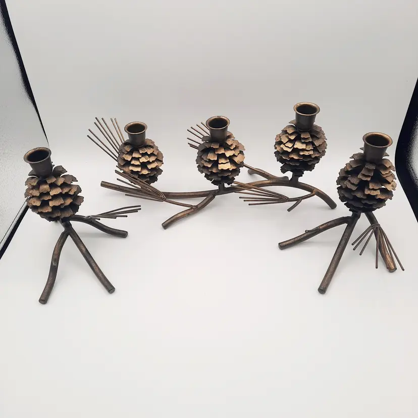 Aged Bronze Iron Metal Pinecone Taper Candle Holders Set of 3 Fall Winter Decor