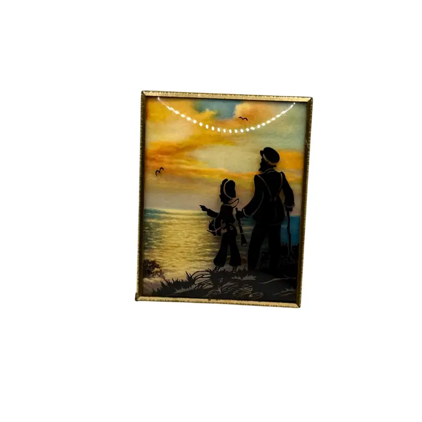 Framed Reverse Painted Silhouette On Convex Glass Art Decor