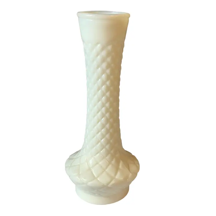 #68 Vintage Marked Randall Diamond Quilted Milkglass Vase  9”