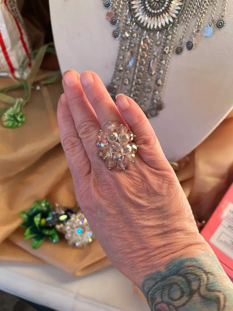 Vintage Sparkling AB Pink 1960s Adjustable Cluster Ring