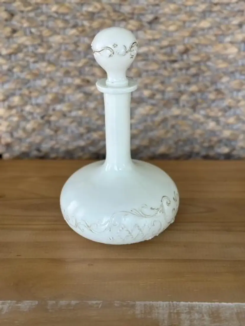 Antique Milk Glass Barber Bottle with Stopper 10"