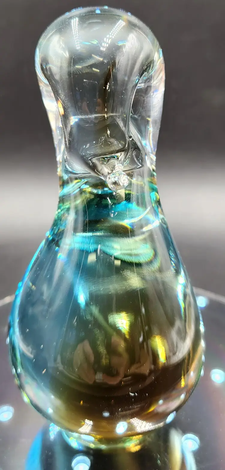 Vintage Art Glass Duck Sculpture 5" Amber Blue Murano Style Bird