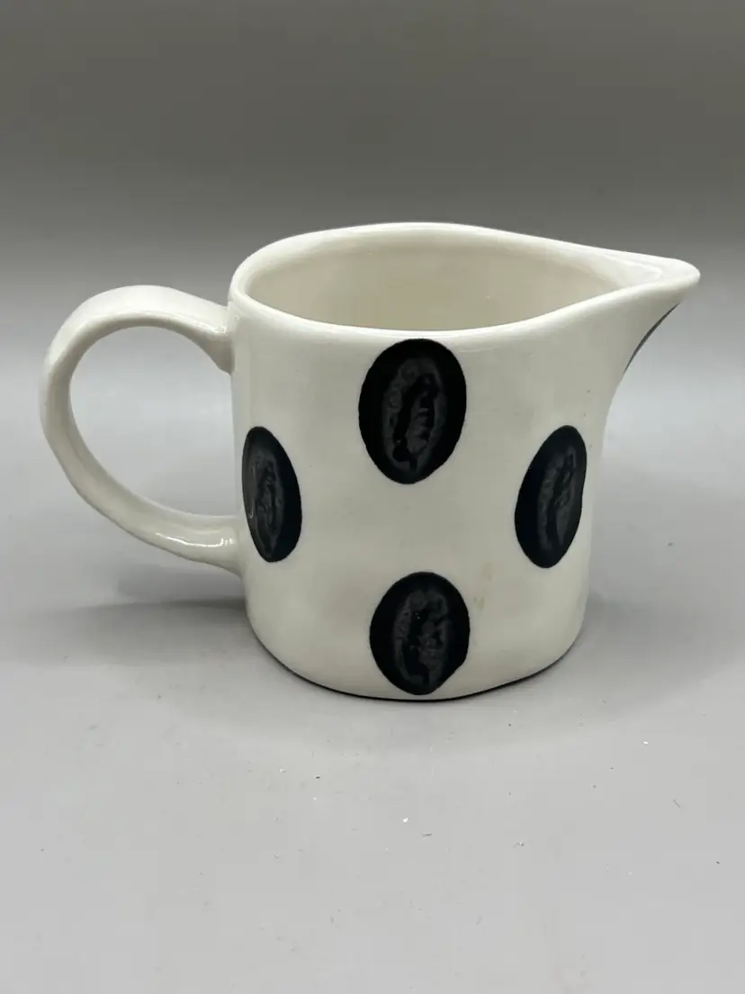 Pottery Creamer Hand Painted Black Polka Dots 3” Creative Co-Op