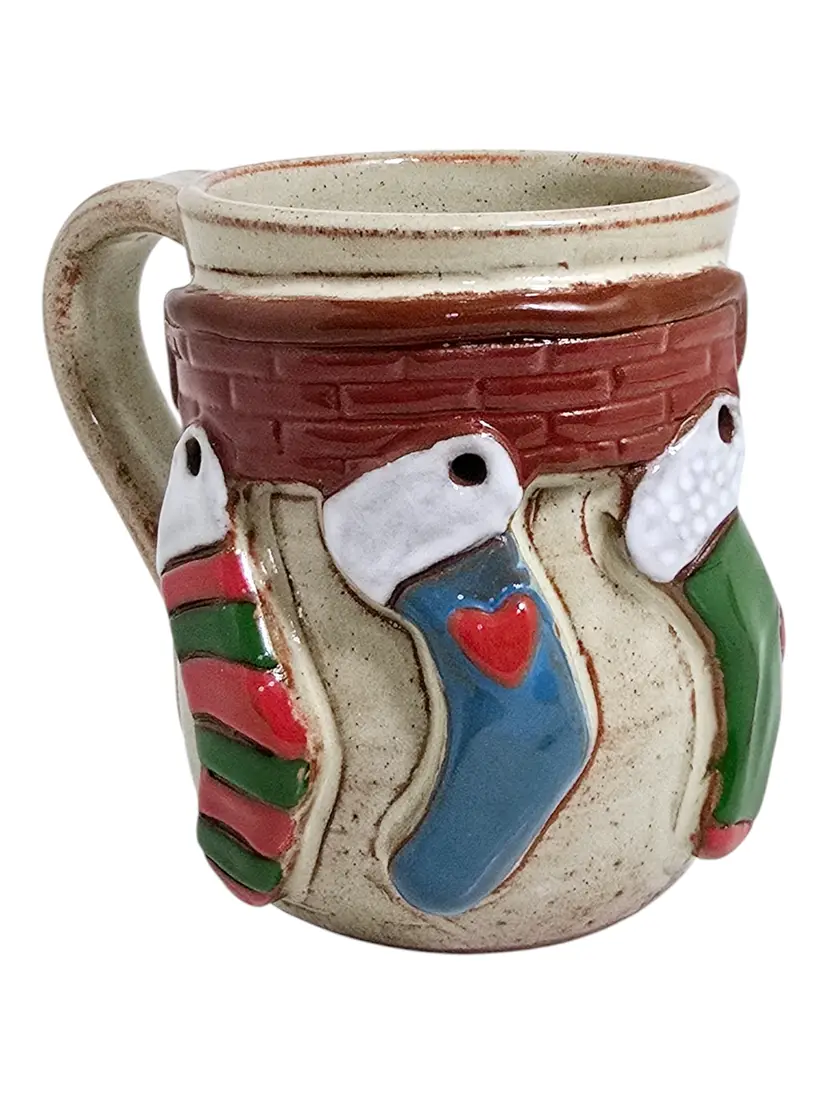 Mudworks USA Hand Made Pottery Mug Christmas Applied Stockings On Fireplace