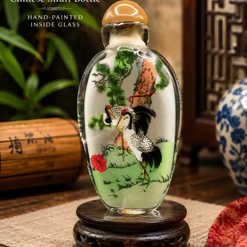 Li Bien Hand Painted Inside Glass Snuff Bottle Crane Bamboo w/ Case Chinese Art
