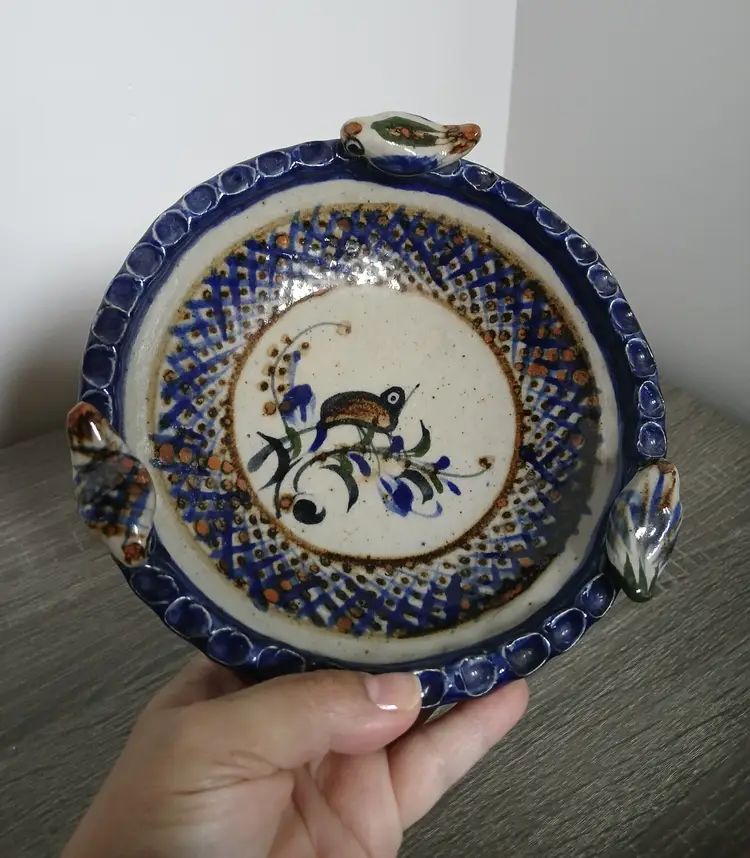 Vintage Tonala Mexican Pottery Bowl Applied 3D Birds Artist Signed Simeon Galvan