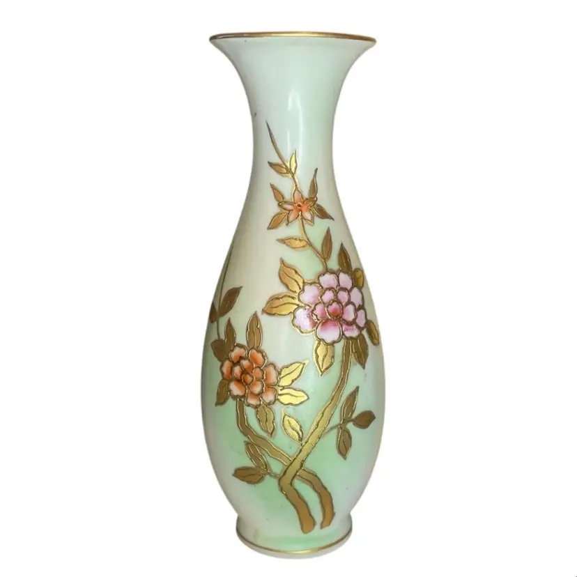 UCAGCO Fine China Vase Hand Painted Enamel Pink Florals Gold Stem Vintage