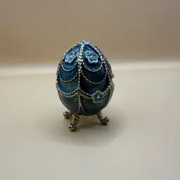 Monet Blue Floral Fabergé Egg Style Trinket Pill Box 2”