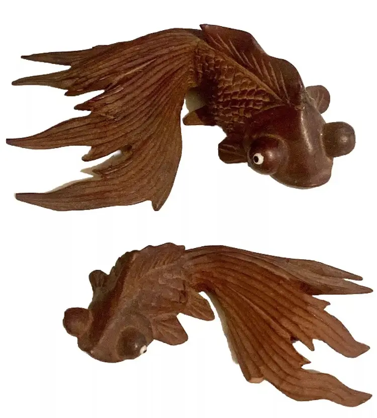 Vintage Rosewood Asian Carved Koi Fish Pair (2) Sculptures Good Luck