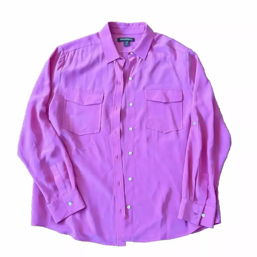Tommy Bahama Women's Size Large Button Front 100% Silk Pink Long Sleeve Shirt