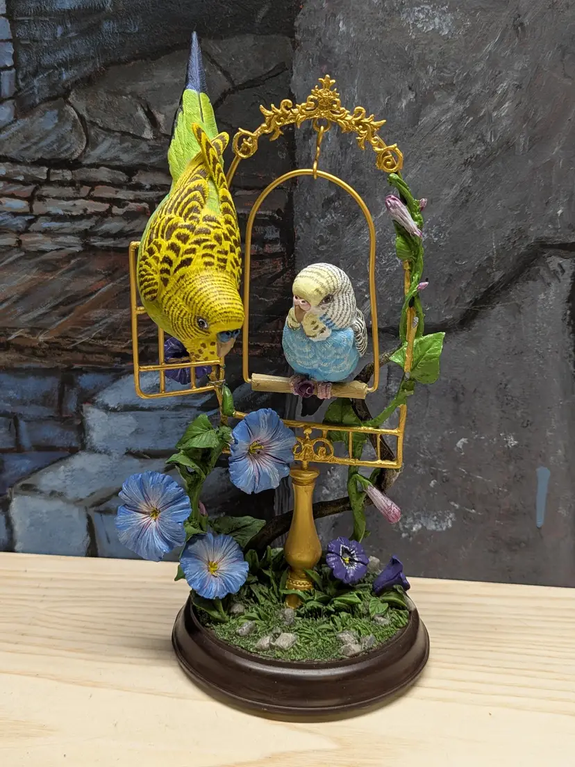 The Danbury Mint "Springtime Sweethearts" Bob Guge Bird Flowers Figurine Parakeets Morning Glory