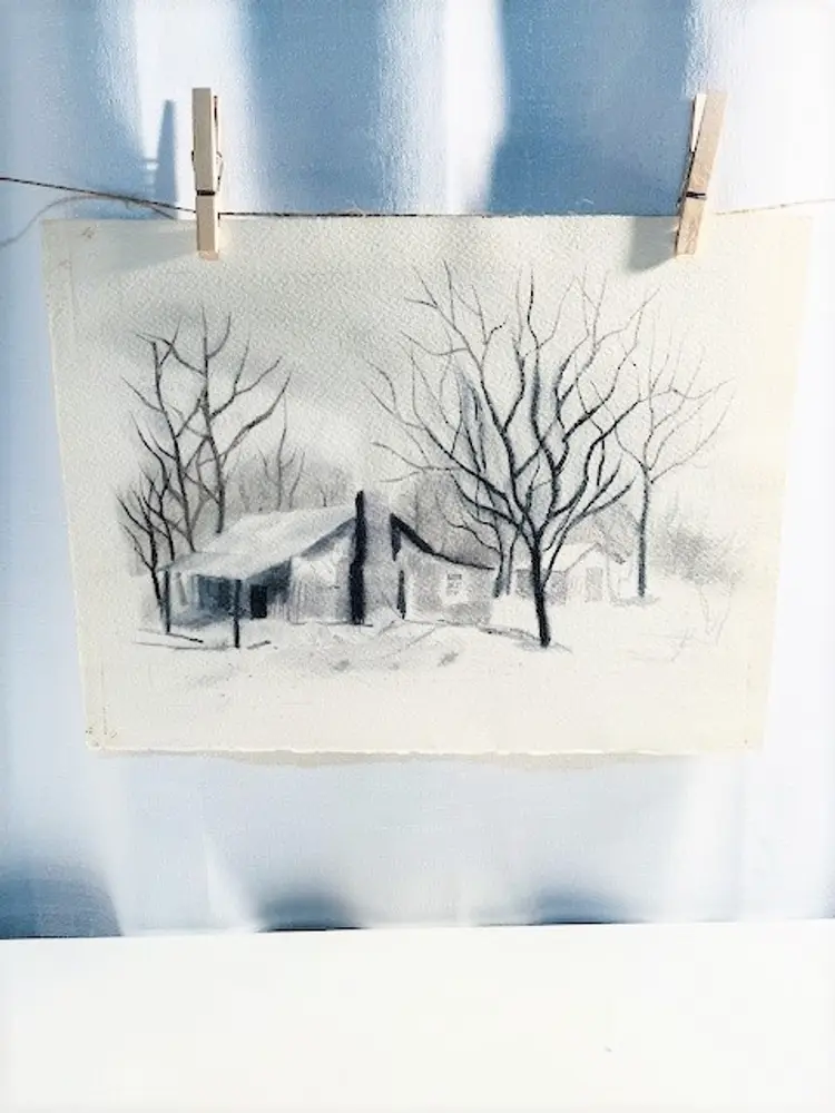 Original Hand Painted Charcoal Drawing Farmhouse Scene Home and Trees | Vintage Black and White Charcoal Artwork Unframed