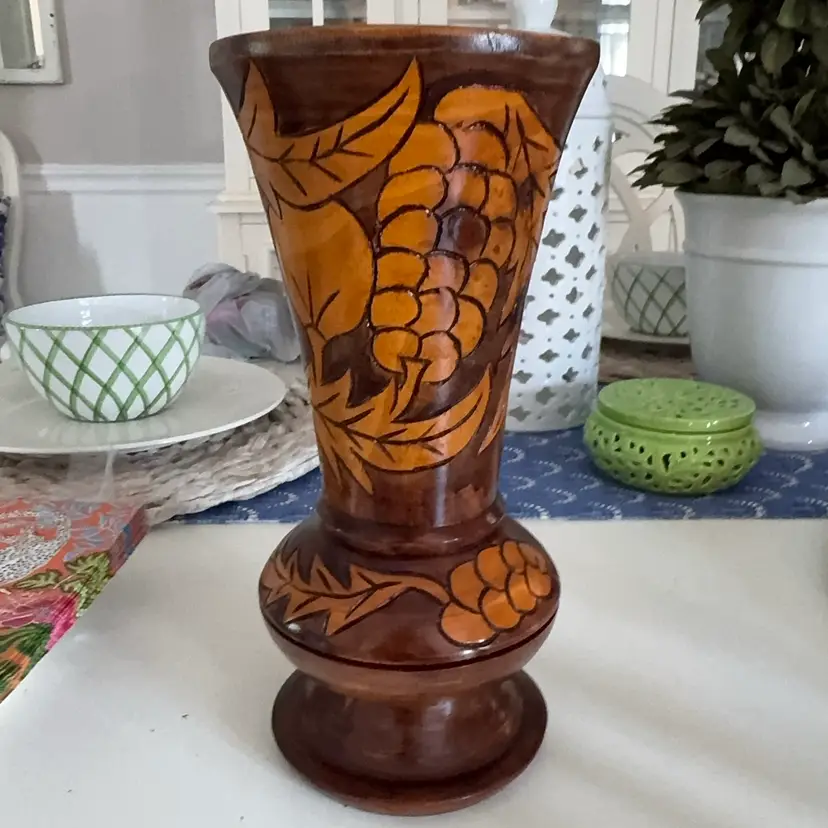 Mid-Century 10”Hand-Turned And Carved Wooden Grape Vase